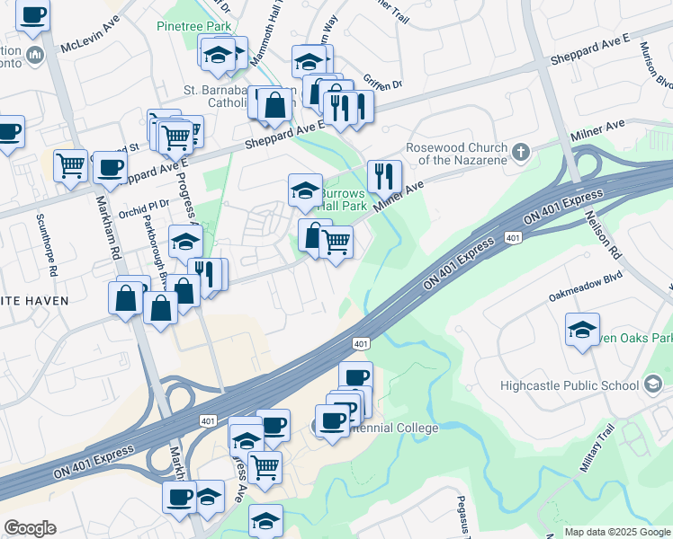 map of restaurants, bars, coffee shops, grocery stores, and more near 465 Milner Avenue in Toronto