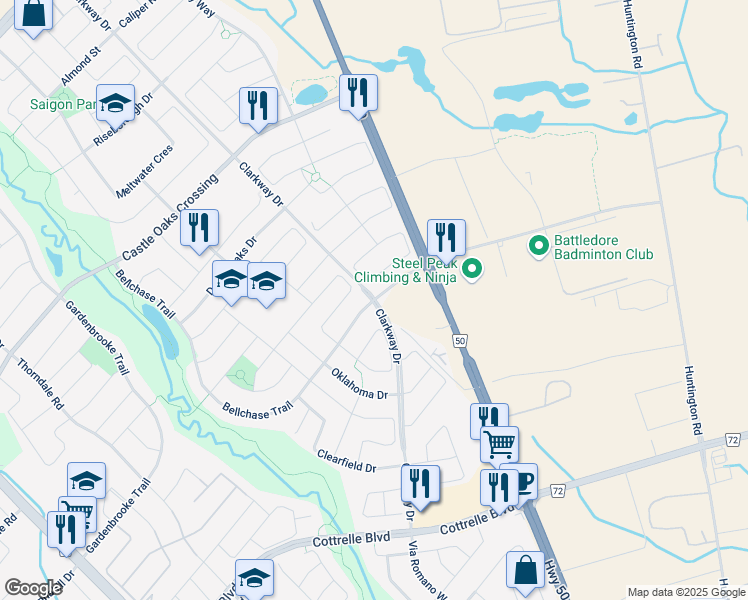map of restaurants, bars, coffee shops, grocery stores, and more near Clarkway Dr & Bellchase Trail in Brampton