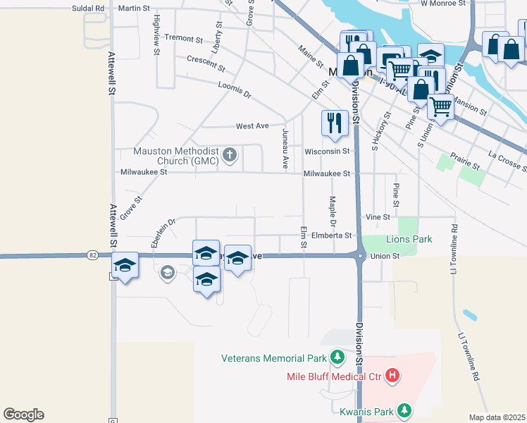 map of restaurants, bars, coffee shops, grocery stores, and more near 433 Eberlein Court in Mauston