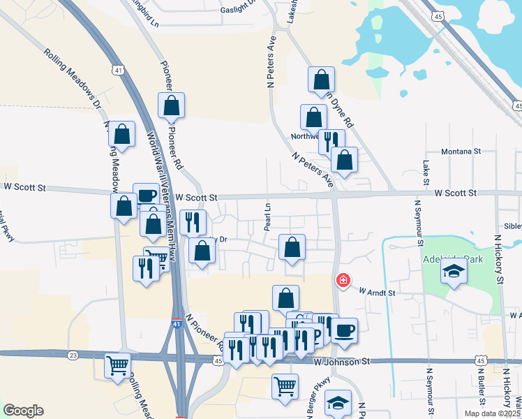 map of restaurants, bars, coffee shops, grocery stores, and more near 804 West Scott Street in Fond du Lac