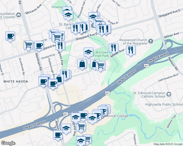 map of restaurants, bars, coffee shops, grocery stores, and more near 445 Milner Avenue in Toronto