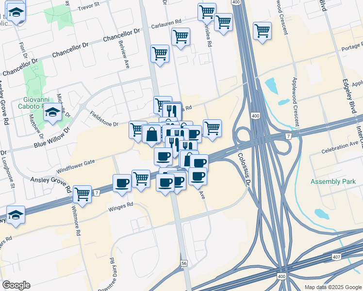 map of restaurants, bars, coffee shops, grocery stores, and more near in Vaughan