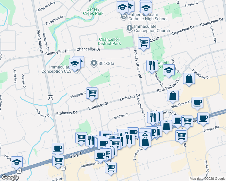 map of restaurants, bars, coffee shops, grocery stores, and more near 34 Nestor Crescent in Vaughan