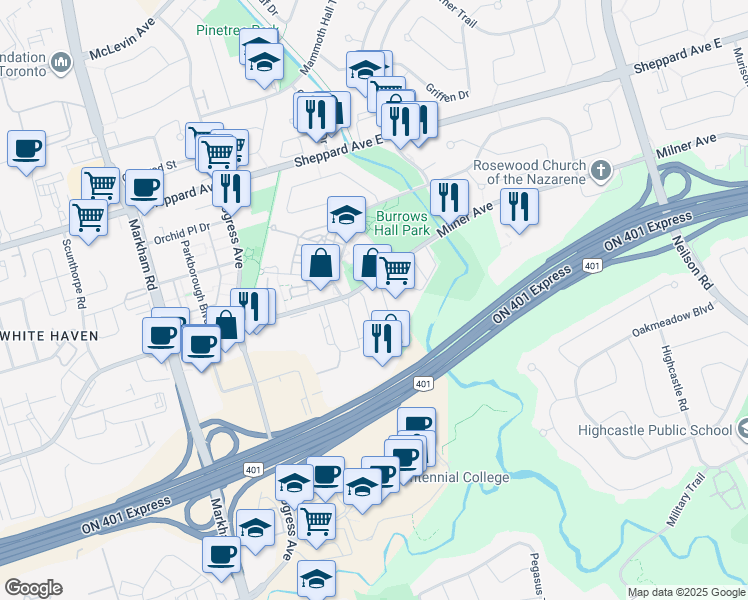 map of restaurants, bars, coffee shops, grocery stores, and more near 455 Milner Avenue in Toronto