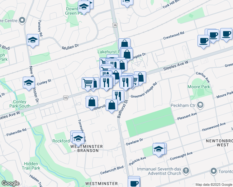 map of restaurants, bars, coffee shops, grocery stores, and more near 1057 Steeles Avenue West in Toronto