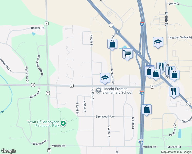 map of restaurants, bars, coffee shops, grocery stores, and more near 4229 North 50th Street in Sheboygan