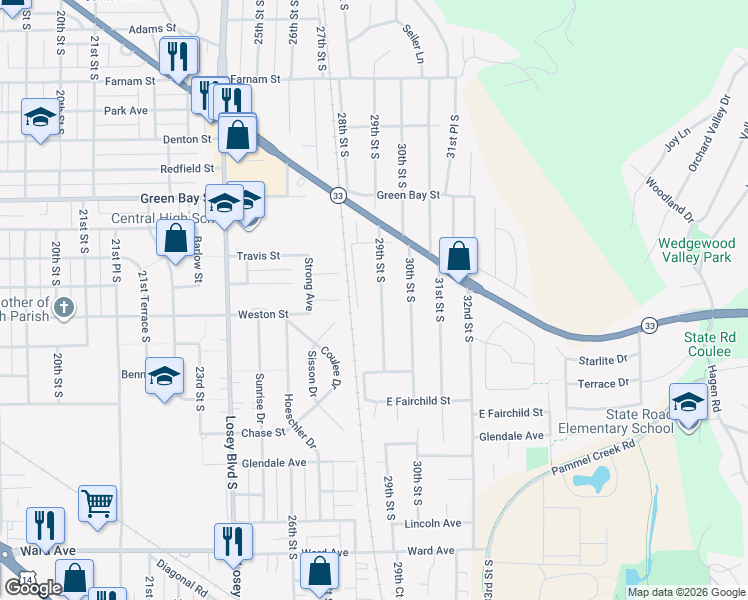 map of restaurants, bars, coffee shops, grocery stores, and more near 2016 29th St S in La Crosse