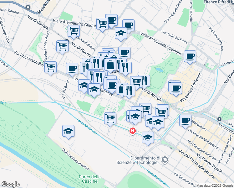map of restaurants, bars, coffee shops, grocery stores, and more near 7 Via Mario Ulivelli in Florence