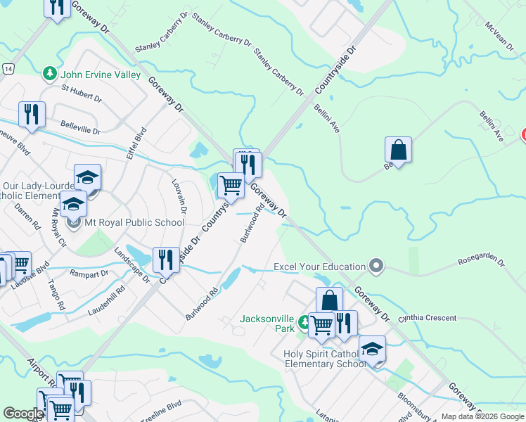 map of restaurants, bars, coffee shops, grocery stores, and more near 3 Burlwood Road in Brampton