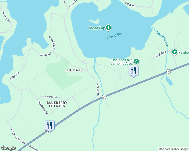map of restaurants, bars, coffee shops, grocery stores, and more near 30 Leavitt Road in Ossipee