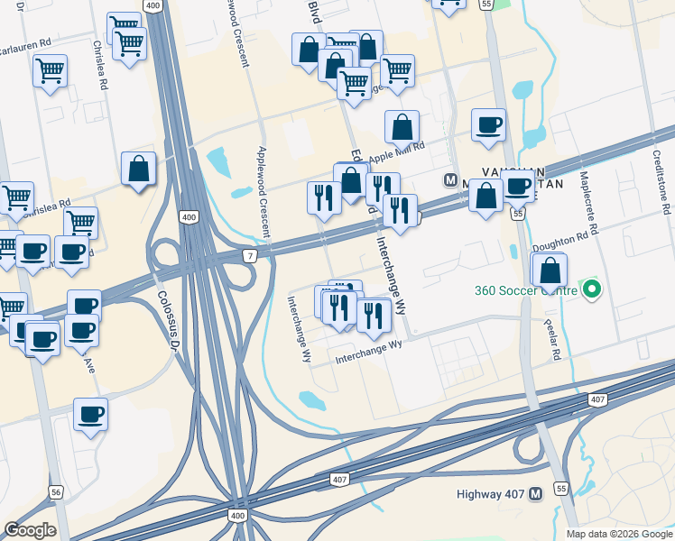 map of restaurants, bars, coffee shops, grocery stores, and more near 195 Commerce Street in Vaughan