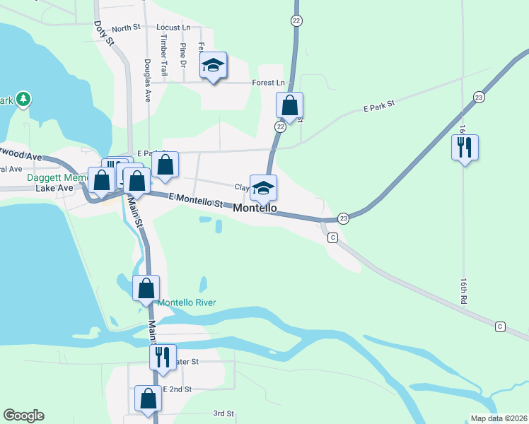map of restaurants, bars, coffee shops, grocery stores, and more near 317 East Montello Street in Montello