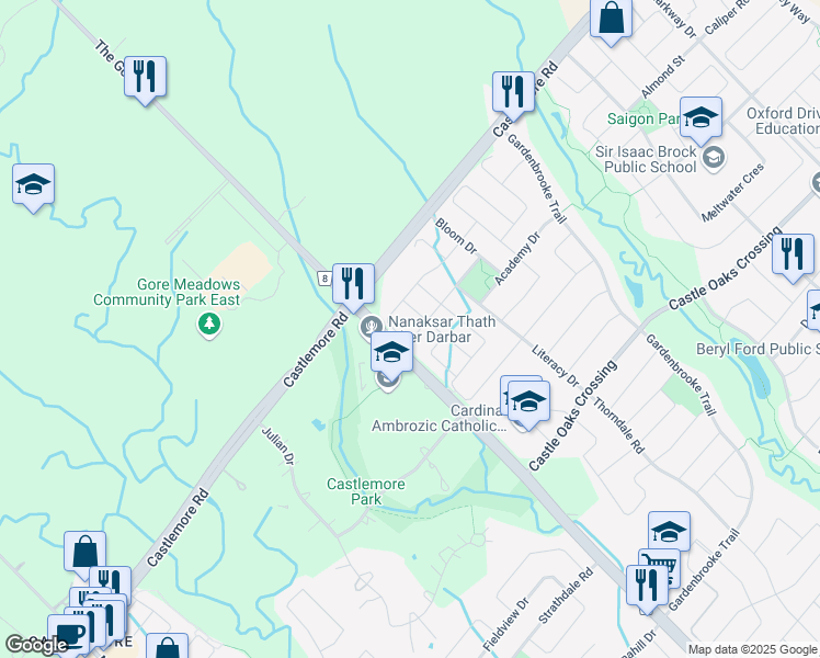 map of restaurants, bars, coffee shops, grocery stores, and more near 49 Sleightholme Crescent in Brampton