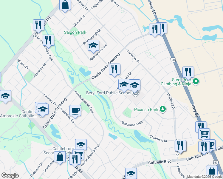 map of restaurants, bars, coffee shops, grocery stores, and more near in Brampton