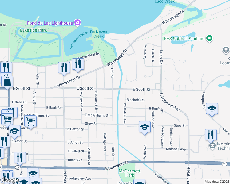 map of restaurants, bars, coffee shops, grocery stores, and more near 446 Taft Street in Fond du Lac