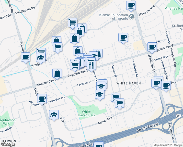 map of restaurants, bars, coffee shops, grocery stores, and more near 96 Glenstroke Drive in Toronto