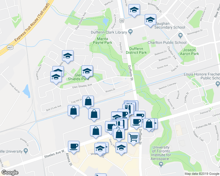 map of restaurants, bars, coffee shops, grocery stores, and more near 56 Riviera Drive in Vaughan
