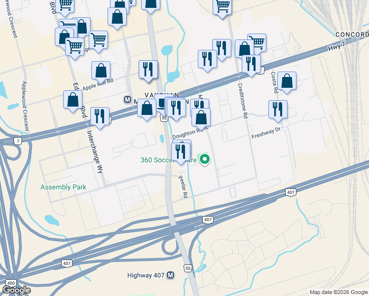 map of restaurants, bars, coffee shops, grocery stores, and more near 7601 Jane Street in Vaughan
