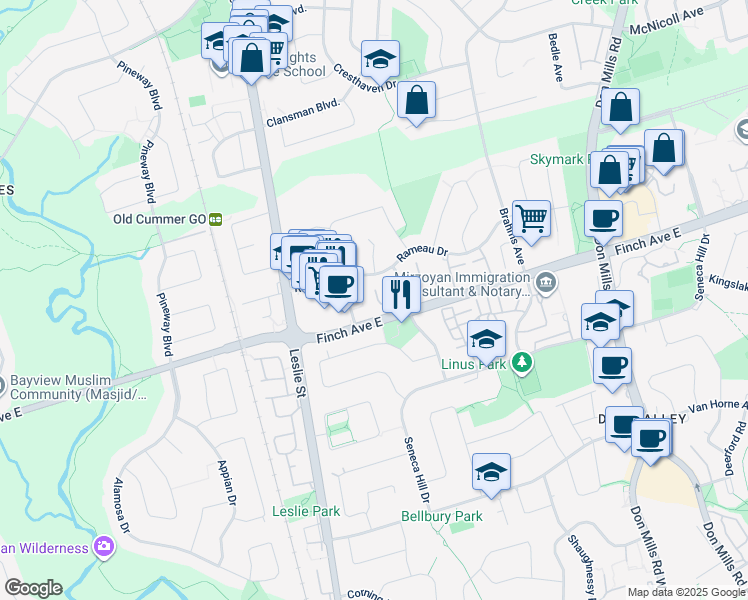 map of restaurants, bars, coffee shops, grocery stores, and more near in Toronto