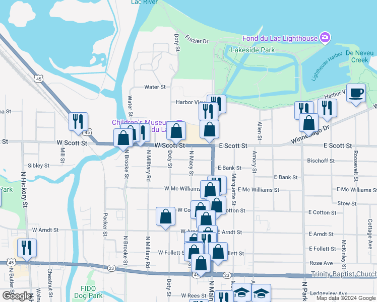 map of restaurants, bars, coffee shops, grocery stores, and more near 53 West Bank Street in Fond du Lac