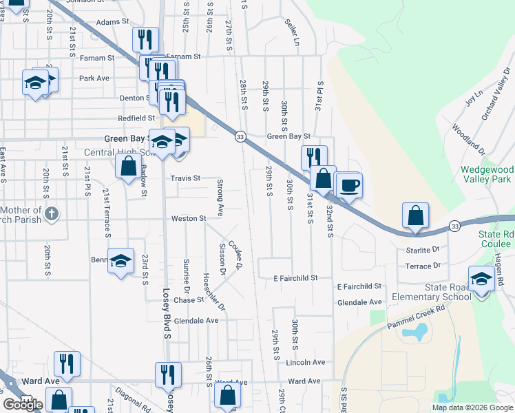map of restaurants, bars, coffee shops, grocery stores, and more near 2016 29th Street South in La Crosse