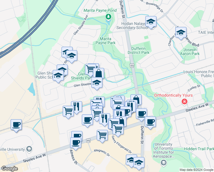 map of restaurants, bars, coffee shops, grocery stores, and more near 18 Riviera Drive in Vaughan