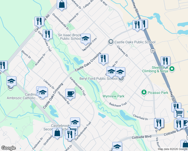 map of restaurants, bars, coffee shops, grocery stores, and more near 200 Bellchase Trail in Brampton