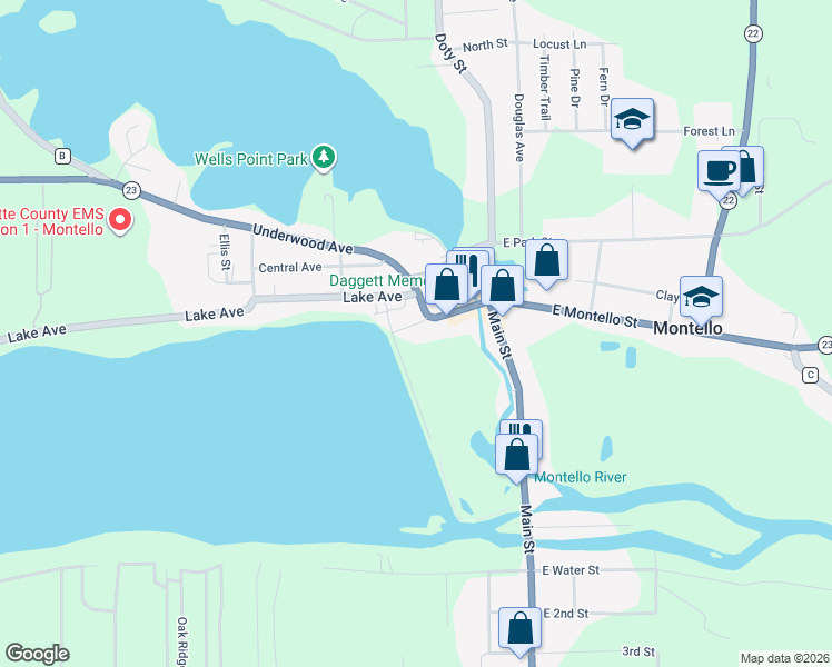 map of restaurants, bars, coffee shops, grocery stores, and more near 19 Lakeshore Drive in Montello