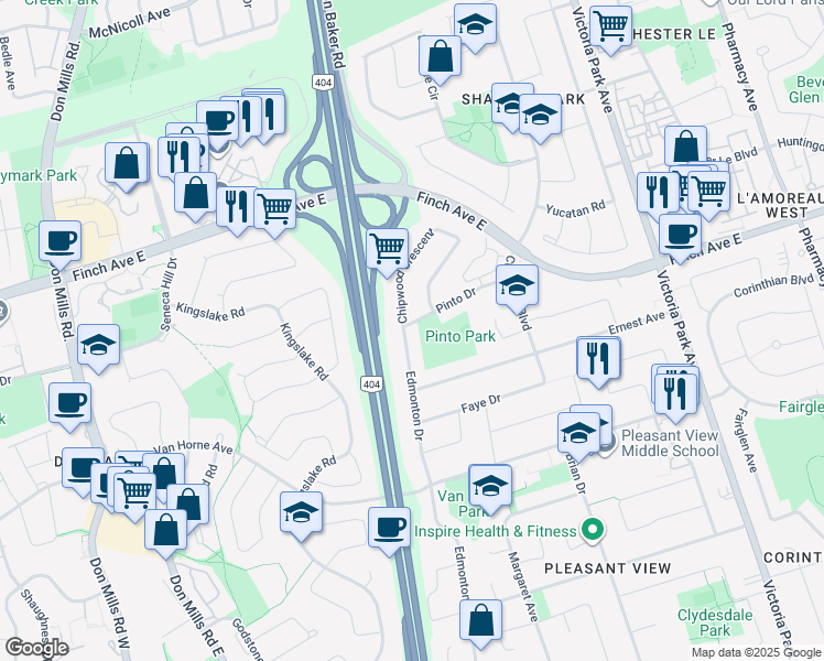 map of restaurants, bars, coffee shops, grocery stores, and more near 21 Pinto Drive in Toronto