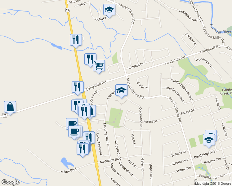 map of restaurants, bars, coffee shops, grocery stores, and more near 261 Morning Star Drive in Vaughan
