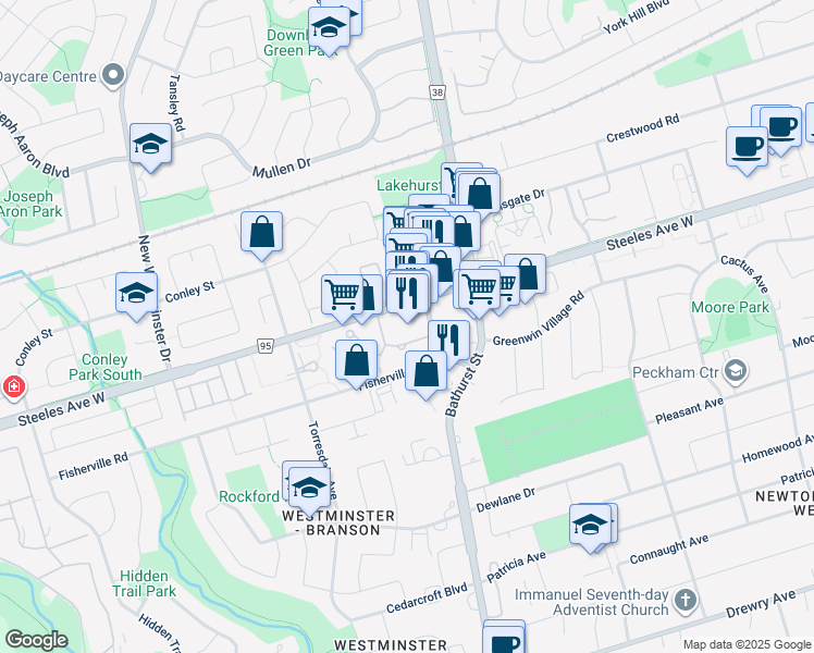 map of restaurants, bars, coffee shops, grocery stores, and more near 1057 Steeles Avenue West in Toronto