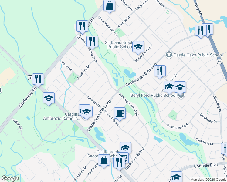 map of restaurants, bars, coffee shops, grocery stores, and more near 110 Gardenbrooke Trail in Brampton