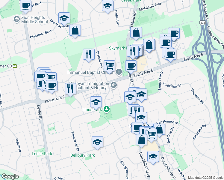 map of restaurants, bars, coffee shops, grocery stores, and more near 177 Linus Road in Toronto