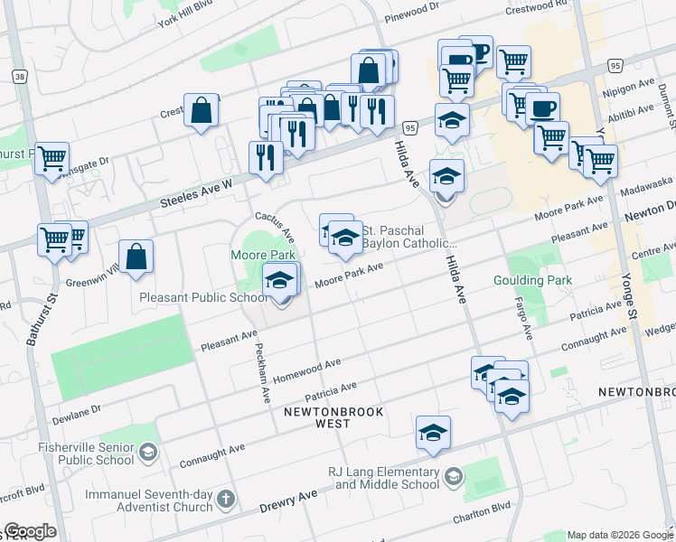 map of restaurants, bars, coffee shops, grocery stores, and more near 260 Moore Park Avenue in Toronto