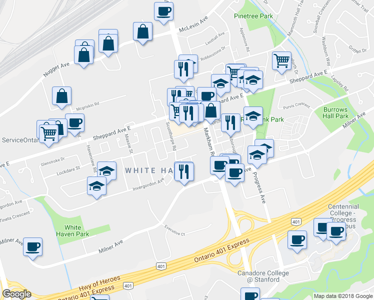 map of restaurants, bars, coffee shops, grocery stores, and more near 19 Crown Acres Court in Toronto