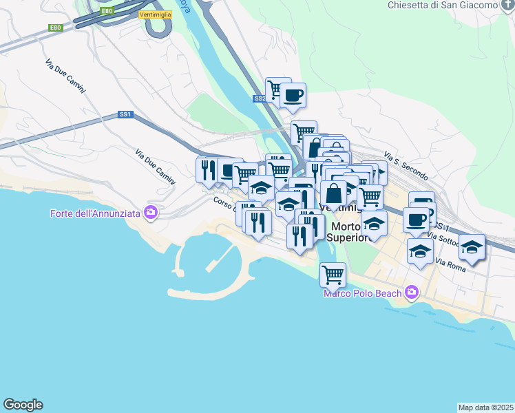map of restaurants, bars, coffee shops, grocery stores, and more near 2 Via Porta Nuova in Ventimiglia