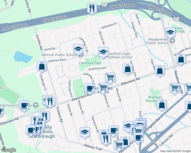 map of restaurants, bars, coffee shops, grocery stores, and more near 9 Fishery Road in Toronto