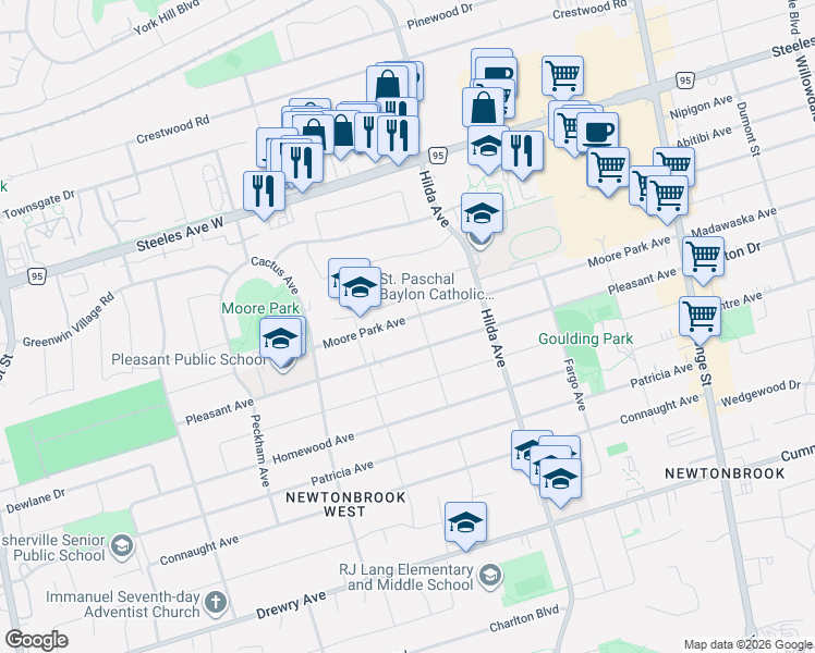 map of restaurants, bars, coffee shops, grocery stores, and more near 217 Moore Park Avenue in Toronto