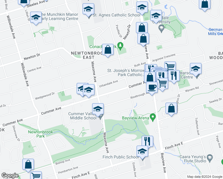 map of restaurants, bars, coffee shops, grocery stores, and more near 390 Cummer Avenue in Toronto