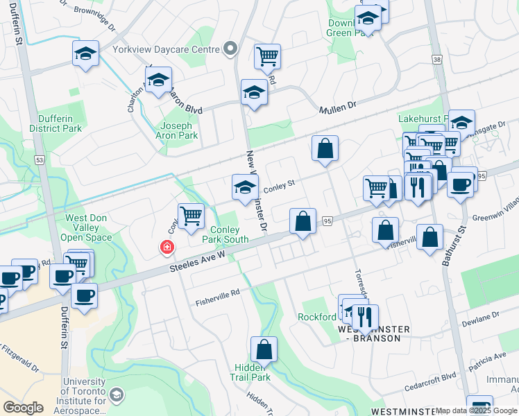 map of restaurants, bars, coffee shops, grocery stores, and more near 4 New Westminster Drive in Vaughan