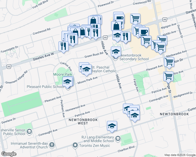 map of restaurants, bars, coffee shops, grocery stores, and more near 217 Moore Park Avenue in Toronto