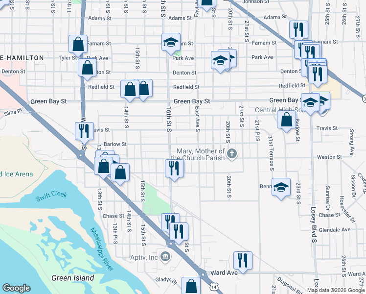 map of restaurants, bars, coffee shops, grocery stores, and more near 1626 Barlow Street in La Crosse