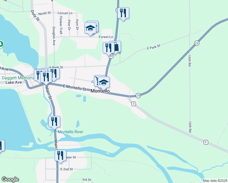 map of restaurants, bars, coffee shops, grocery stores, and more near 344 East Montello Street in Montello