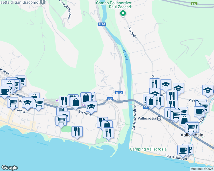 map of restaurants, bars, coffee shops, grocery stores, and more near 31 Via Collasgarba in Ventimiglia