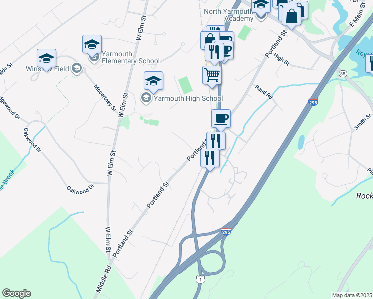 map of restaurants, bars, coffee shops, grocery stores, and more near 287 Portland Street in Yarmouth