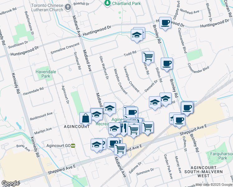 map of restaurants, bars, coffee shops, grocery stores, and more near in Toronto
