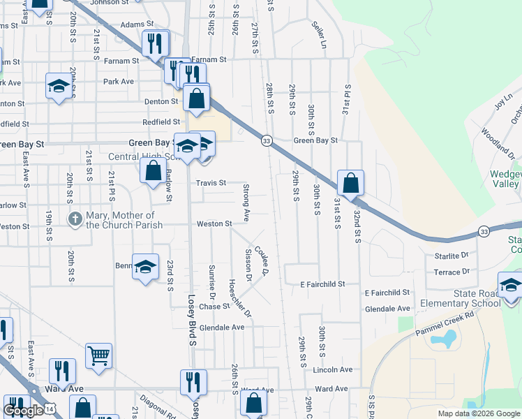 map of restaurants, bars, coffee shops, grocery stores, and more near 2720 Ray Place in La Crosse