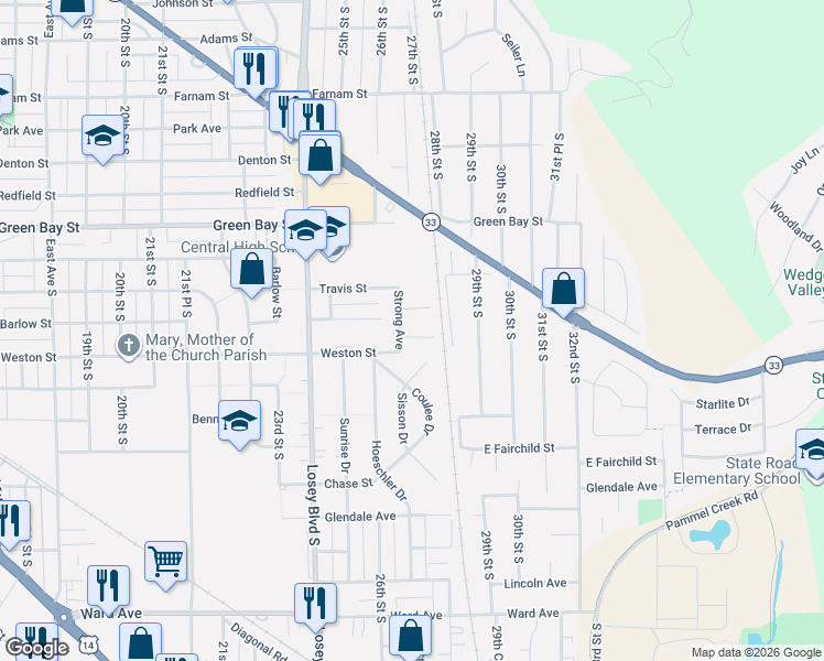 map of restaurants, bars, coffee shops, grocery stores, and more near 2720 Ray Place in La Crosse