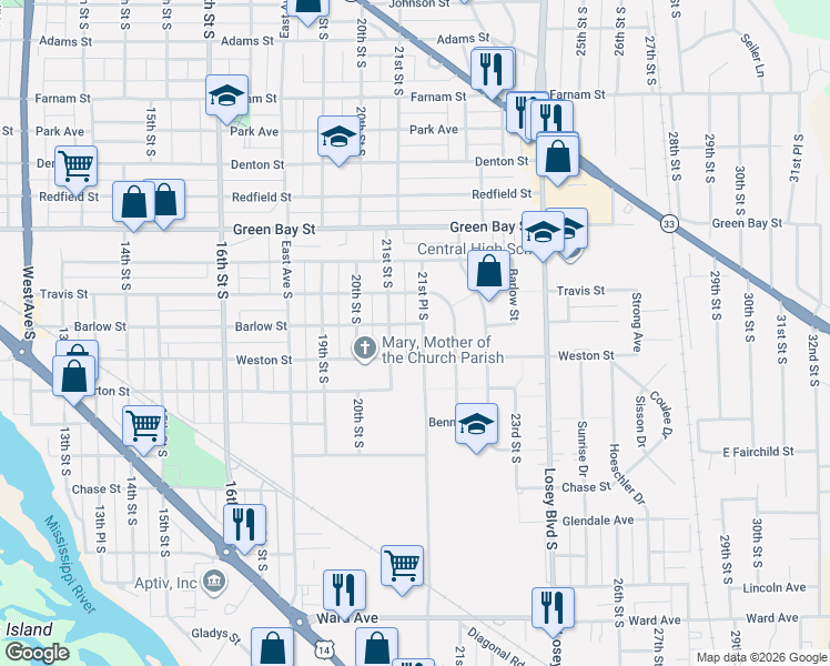 map of restaurants, bars, coffee shops, grocery stores, and more near 2017 21st Street South in La Crosse