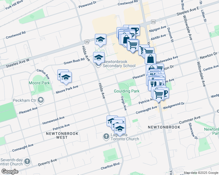 map of restaurants, bars, coffee shops, grocery stores, and more near 119 Pleasant Avenue in Toronto